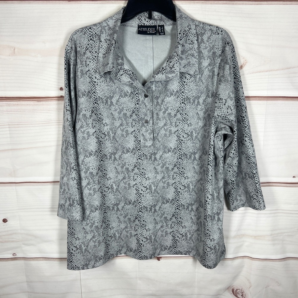 Attitudes by Renee Tunic Womens Large Gray Snakeskin Faux Suede 3/4 Sleeve Top